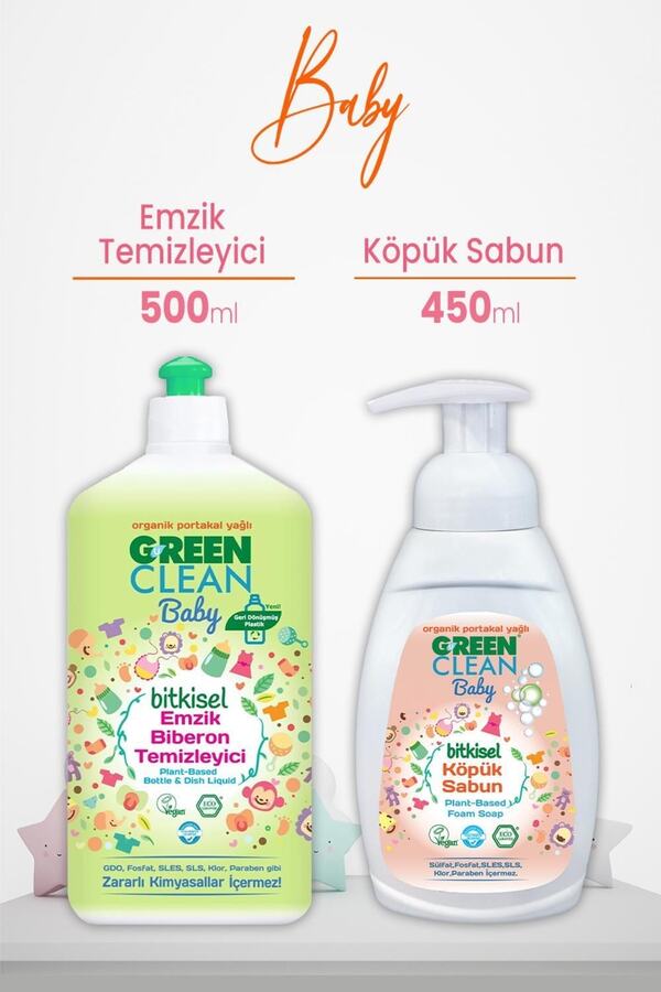 Green Clean U Baby Bitkisel Biberon Emzik Temizleyici 500 ml Ve Köpük Sabun Portakal 450 ml