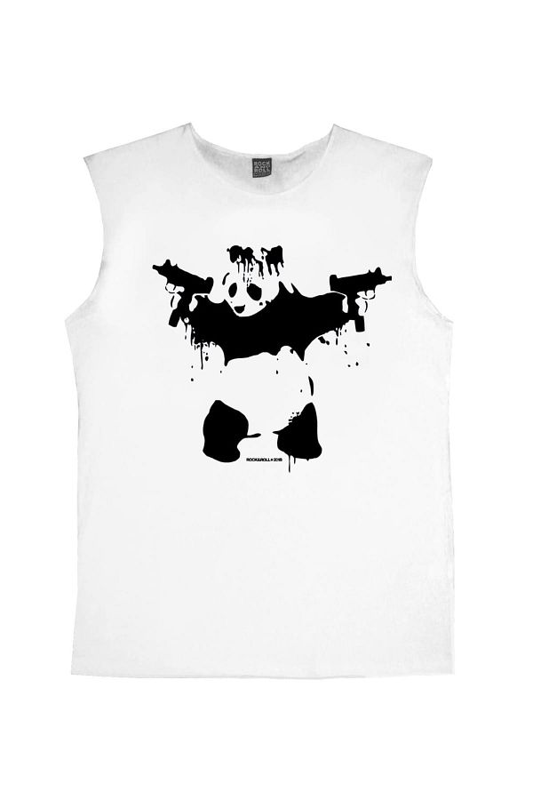 ROCKANDROLL-Panda White Cut-Off Sleeve with Uzi Gun | Sleeveless Men's T-shirt | Athlete 1M1SM141AB 1