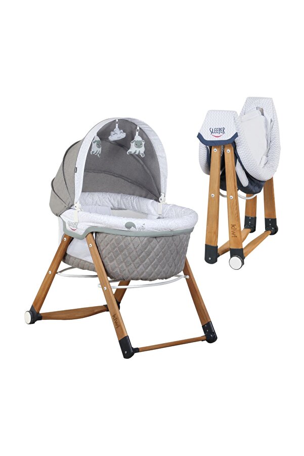 Kiwi Sleeper All İn One Naturel Ahşap Sallanabilen Tekerli Bebek Beşiği Yaprak Desenli Vizon