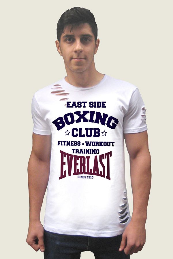 ROCKANDROLL-Tricou alb cu mânecă scurtă ruptă de Boxing Club 1