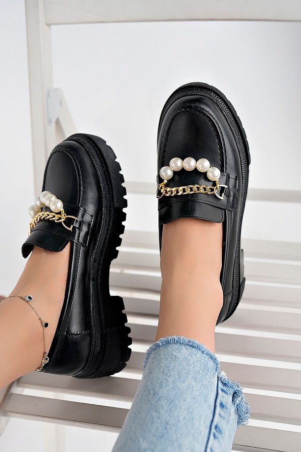 StWenn Women s Thick Sole Loafer Moccasin Shoes Black with Pearls Trendyol