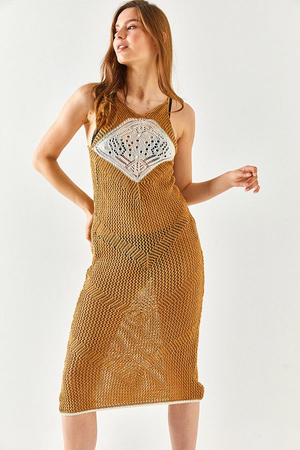 Olalook Women s White Robe Detailed Mesh Beach Dress ELB 19001925