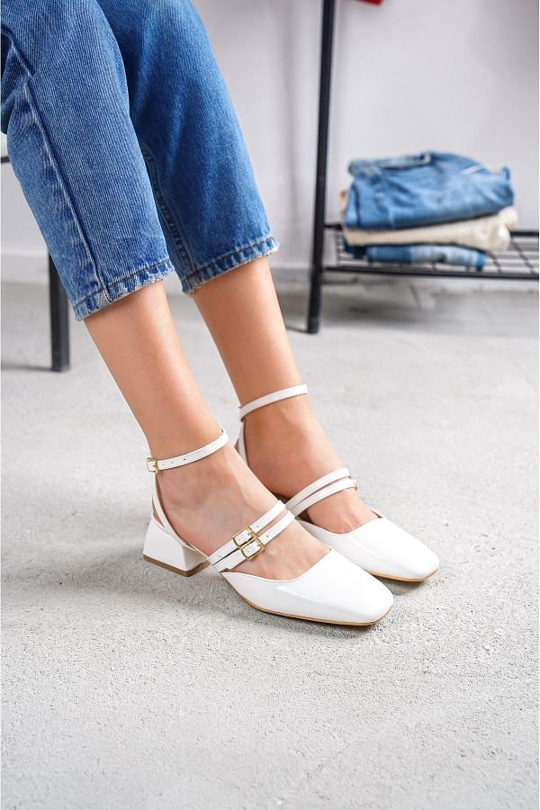 D VOLYA White Blue Double Helmet Blunt Toe Heeled Daily Kohana Shoes Trendyol
