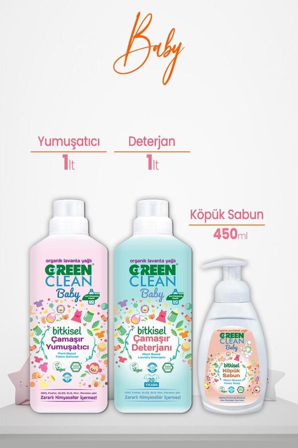 Green Clean Baby Çamaşır Yumuşatıcı ve Deterjan 1 L ve Köpük Sabun Portakal Yağlı 450 ml