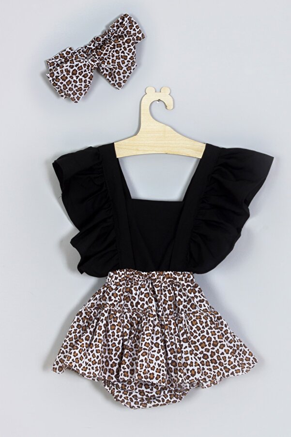 ADABEBEK Kız Çocuk Fırfırlı Leopar Desenli Bandanalı Salopet Takım