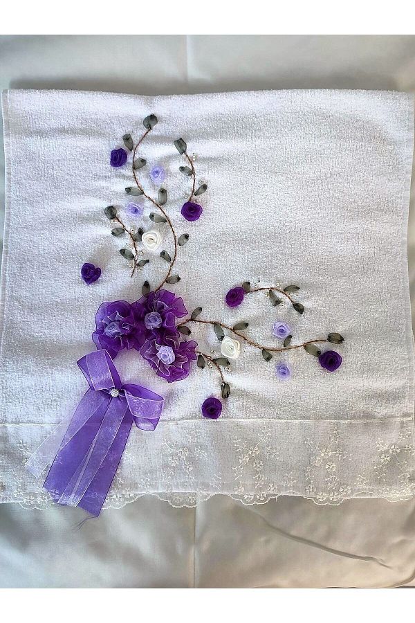 Çt Çeyizci Tekstil-Velvet Dowry Towel, Engagement Towel, Velvet Ribbon, Ribbon Lace Towel 1