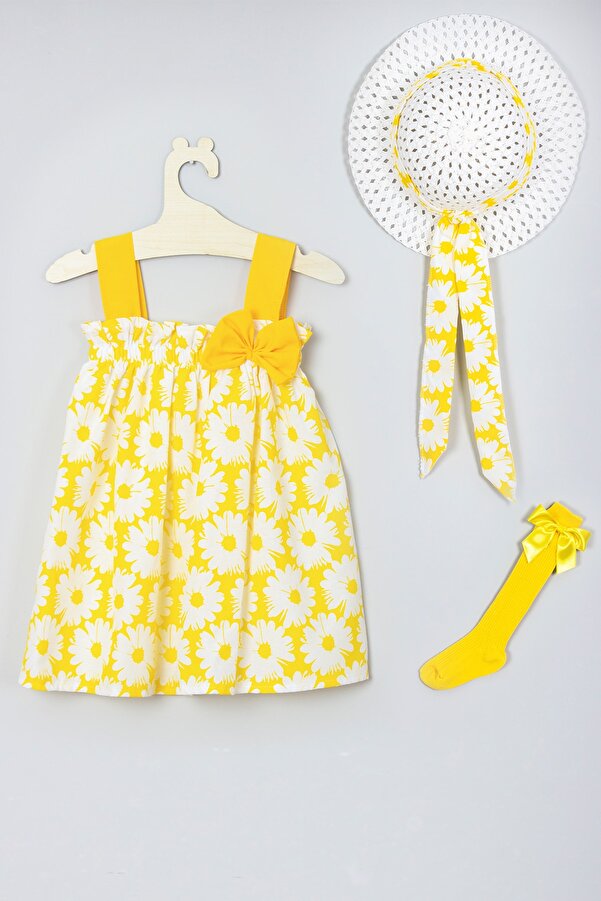 ADABEBEK Şapkalı Çiçek Desenli Elbise Dizaltı Fiyonk Çorap Set 010