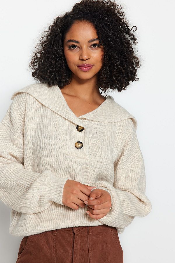 Trendyol Collection Stone Wide Fit Soft Textured Sailor Collar Knitwear Sweater TWOAW24KZ00175 Trendyol