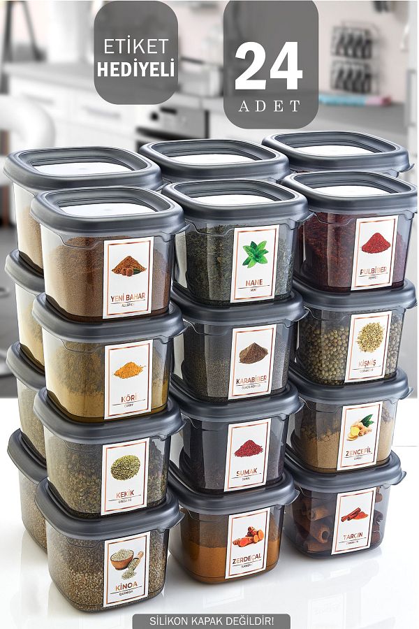 GRİMOR Life-24 Pieces Spice Rack Pulses Storage Container with Leak Proof Label 550 ml - Deep Freezer and Microwave 1
