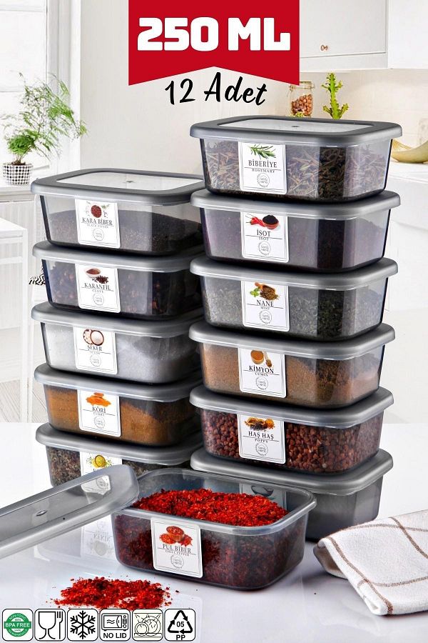 Nandy Home-Rectangular Set of 12 Spice Bowl - Breakfast - Food Storage Container 250 Ml - With Spice Label 1