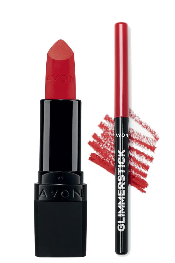 AVON-Ultra Matte Lipstick Truest Red and Glimmerstick Lip Liner Ruby Shock Pack 1