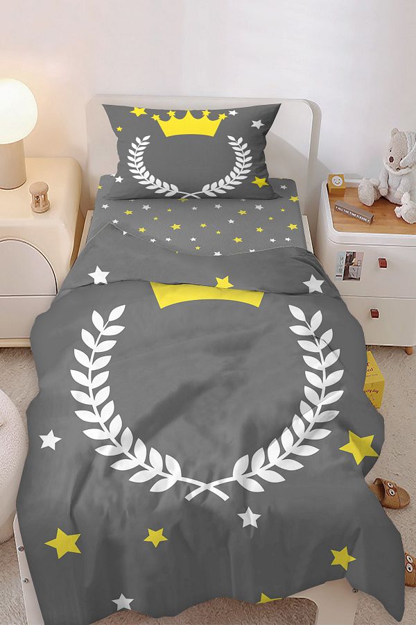 Bebişim Halı-Star Gray Yellow Crown King Princess Crown Patterned Single Baby Kids Bedding Set 1