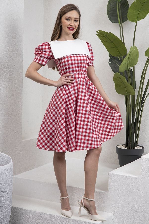 KUCU UM BUT K Vintage Red Gingham Mobile White Collar Watermelon Sleeve Flared Dress Trendyol