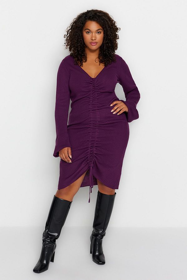 Trendyol Curve-Λεπτομερές λεπτό πλεκτό φόρεμα Plum Corded Gather TBBAW23AH00005 1