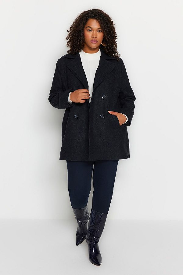 Trendyol Curve-Marineblauer Mantel mit Fischgrätenmuster und einem Knopf - Regular Fit TBBAW24DD00008 1