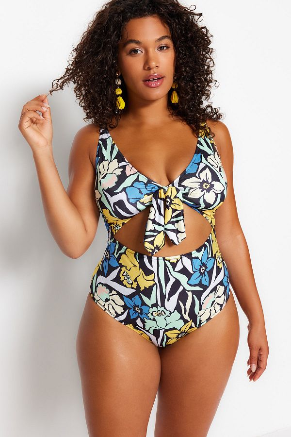 Trendyol Curve-Plus-Size-Badeanzug mit mehrfarbigem Blumendruck und V-Ausschnitt – Bindedetail TBBSS23AM00008 1