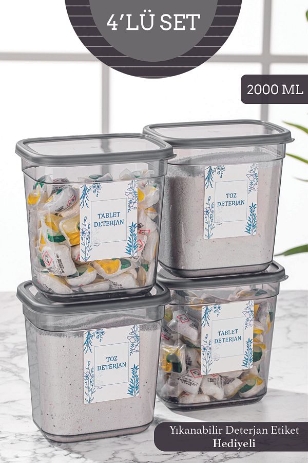 Meleni Home-4-Piece Clov Rectangular Storage Container Set - Powder and Tablet Detergent Storage Box with Label 2000 ml 1