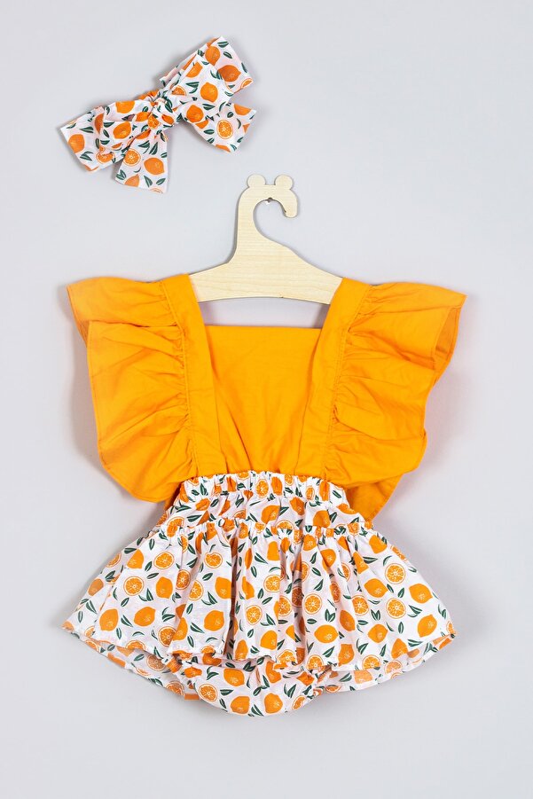 ADABEBEK Kız Çocuk Fırfırlı Limon Desenli Bandanalı Salopet Takım