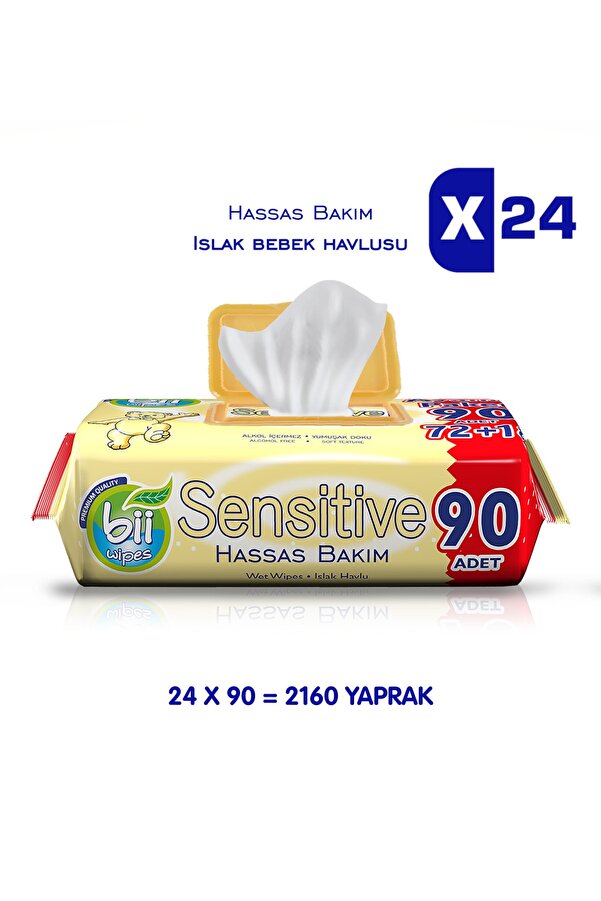 Bii Wipes Sensitive 90'lı Hassas Bakım Islak Bebek Havlusu 24 Paket