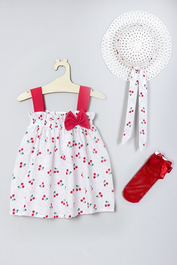 ADABEBEK Şapkalı Kiraz Desenli Elbise File Çorap Set 008