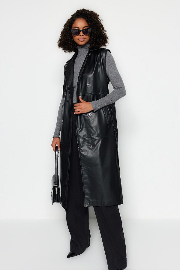 TRENDYOL MODEST Black Belted Long Leather Vest TCTAW24YL00012 Trendyol