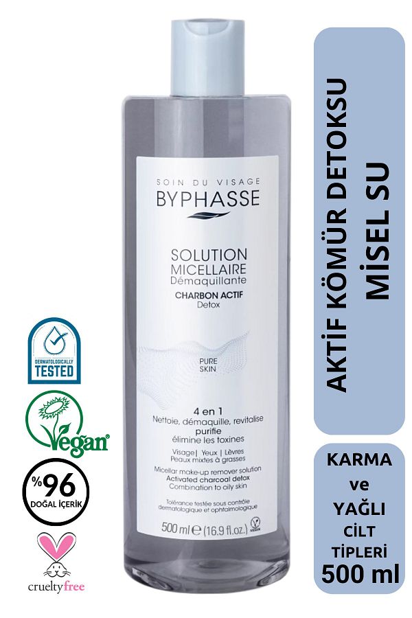 BYPHASSE-Micellar Face and Makeup Remover Activated Charcoal Micellar Water Combination and Oily Skin 500ml 1