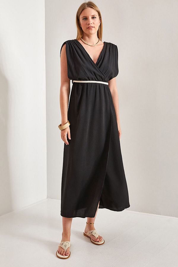 Bianco Lucci-Women's Strappy Waist Straw Rope Tied Dress 1