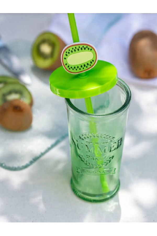 LC Waikiki-LCW HOME Kiwi Printed Glass Cup with Lid and Straw 270 Ml 1