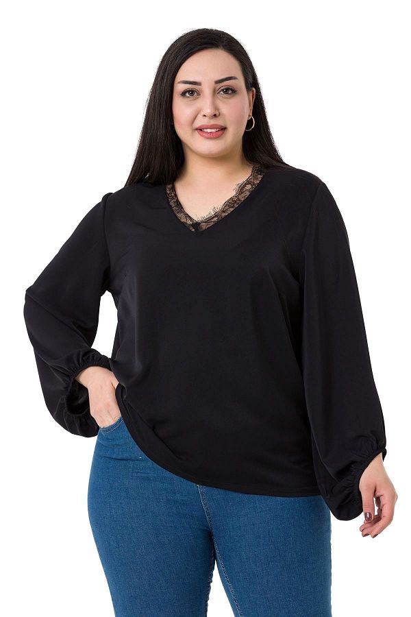 DISENTIS MODEST-Plus Size Black Blouse with Lace Collar and Wide Elastic Sleeves 1
