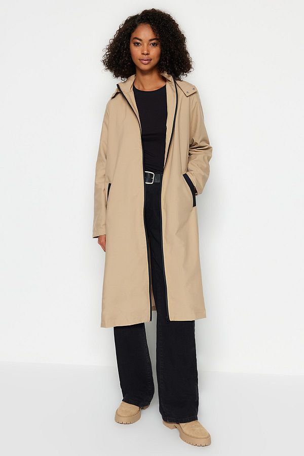TRENDYOL MODEST Dark Beige Hooded Sporty Look Trench Coat with Side Snap Detail TCTAW24CL00007 Trendyol
