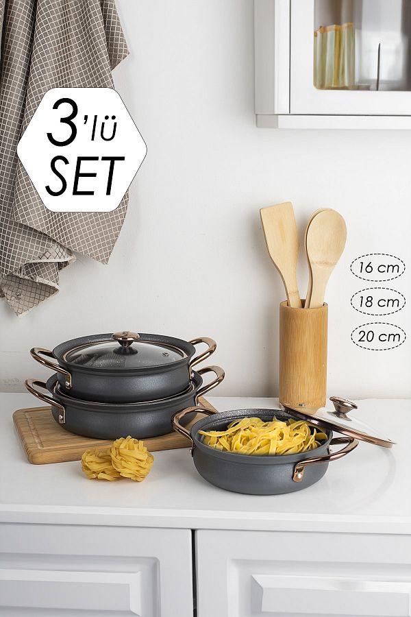 OMS-3724 Bakraç Stew and Sauce Set - Fireproof Non-Stick 3-Piece Sauce Set Anthracite 1