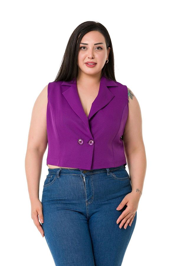 DISENTIS MODEST Plus Size Vest Purple Double breasted Trendyol