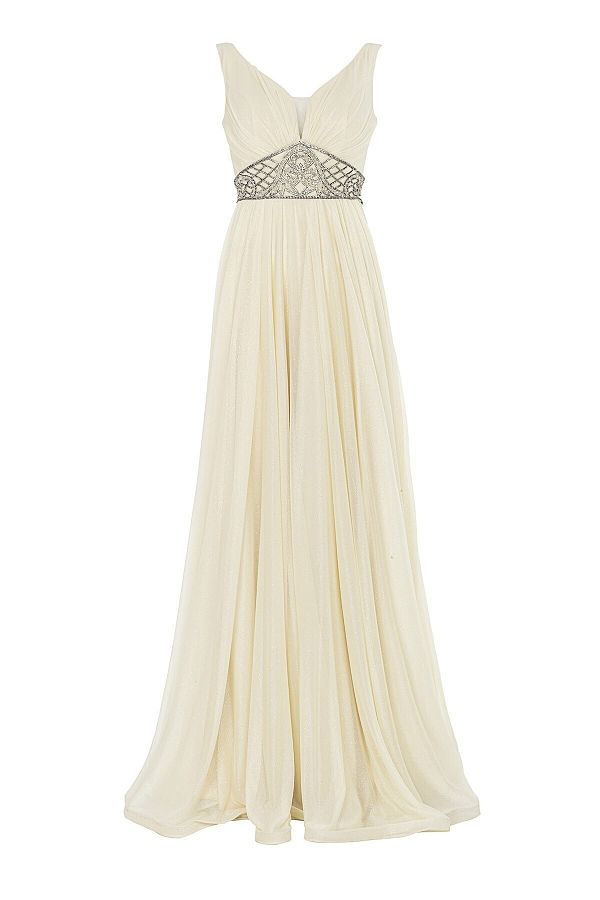 Abiye Sarayı-Ecru Stone Detailed Chest-Cut Long Evening Dress 1