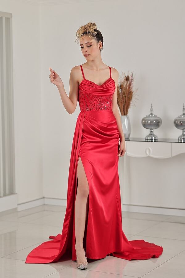 Rotes satinkleid mit schlitz Clearance