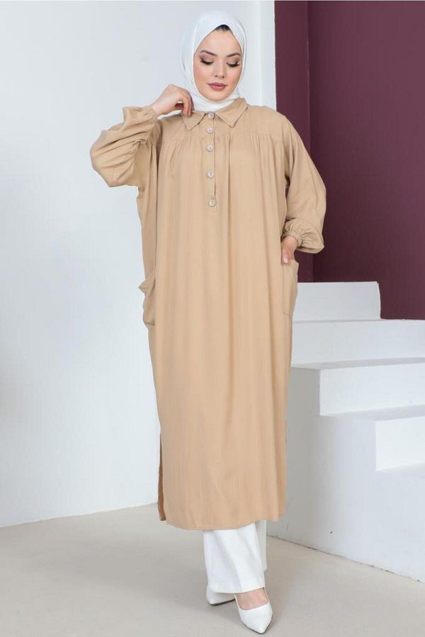 benguen-8222 Lange Tunika mit Seitenschlitz Robe Beige 1