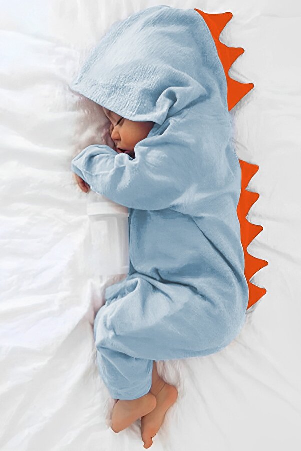 ipek atlas Kız Erkek Bebek Ve Çocuk Dinozor Tasarımlı Müslin Kumaş Kapüşonlu Tulum