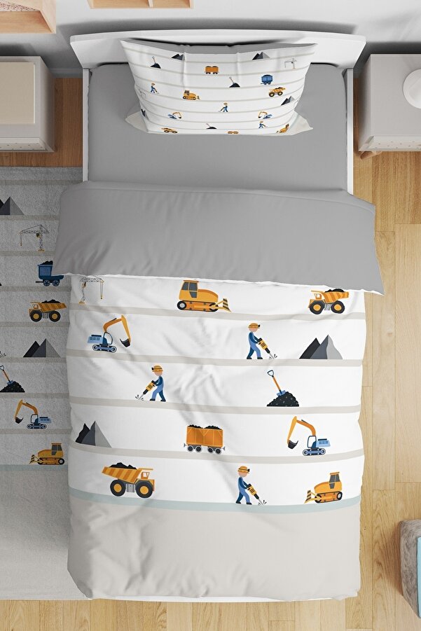 Evpanya İnşaat Araçları Desenli Tek Kişilik Bebek Çocuk Nevresim Seti