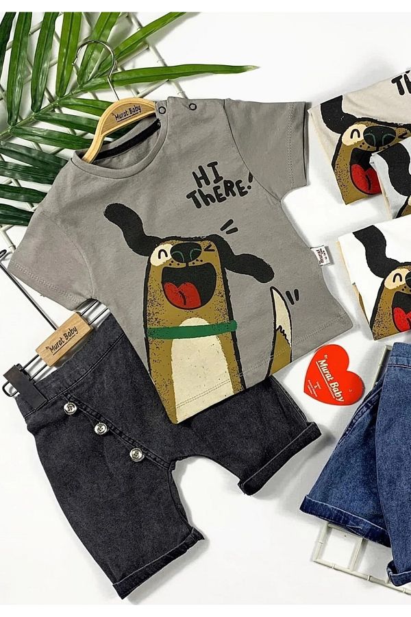 Bebe in 50 Tonu Baby Boy Jeans Shorts 2 Piece Set Gray 6 9 12 18 24 Months T Shirt with Snap Fasteners Summer Trendyol