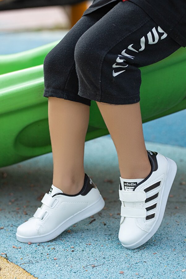 BOUIS Çocuk Unisex Beyaz Siyah 4 Band Cırtlı Rahat Nefes Alır Günlük Şık Spor Ayakkabı Sneaker