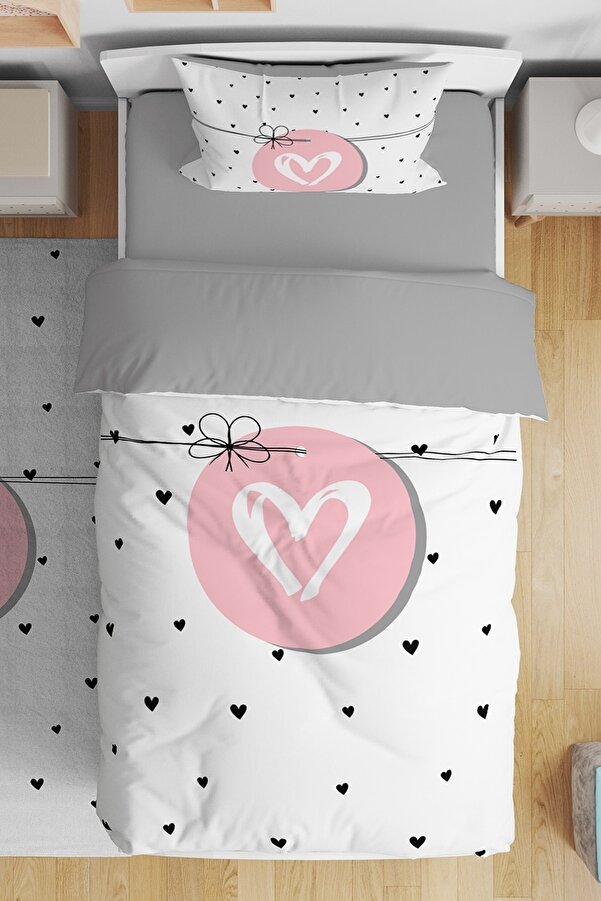 Evpanya Düğümlü Pembe Kalp Desenli Tek Kişilik Bebek Çocuk Nevresim Seti