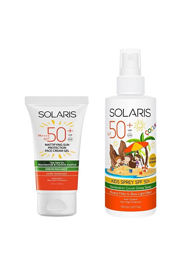 SOLARIS Yağlı Cilt Tipleri Için Jel Güneş Kremi (MAT) Spf 50 (50 ML) Ve Çocuk Güneş Kremi Sprey Spf 50