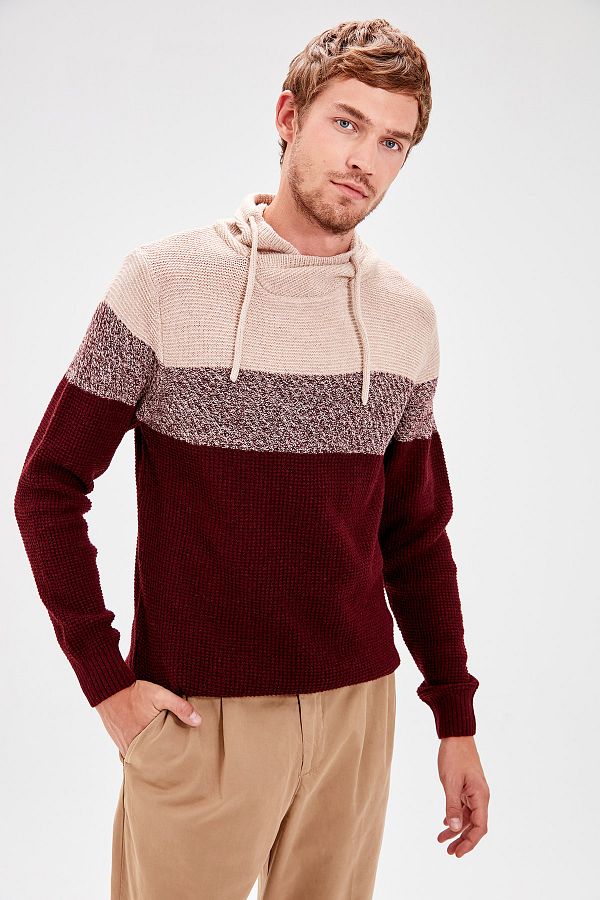 Trendyol Collection-Burgunderfarbener Pullover mit regulärem Schalkragen und Farbblock TMNAW20FT0018 1