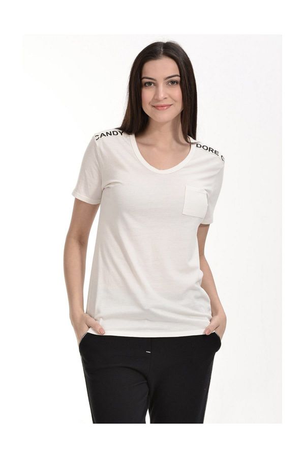 Cotton Candy-Short Sleeve T-Shirt with Text Band on the Shoulders - Ecru 1