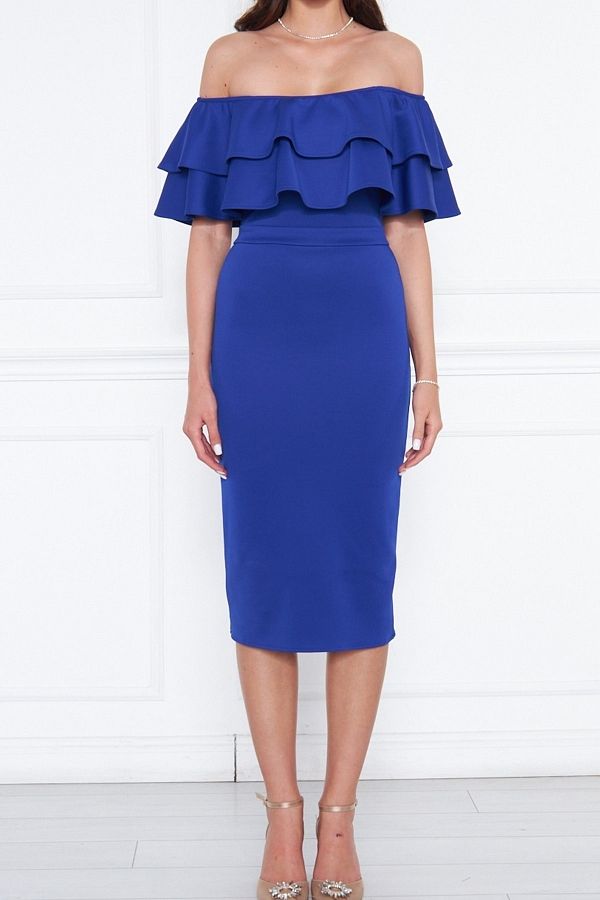 lovebox-Saks Blue Flexibilní potápěčská tkanina Midi Pencil Dress with Flounce Detailní Design límečku 164 1