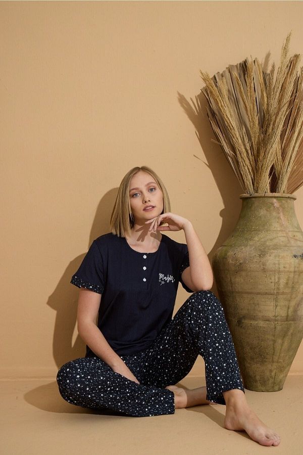 Pijamoni Short Sleeved Black and White Star Patterned Camisole 2 Piece Women s Pajama Set 5520 9 Trendyol