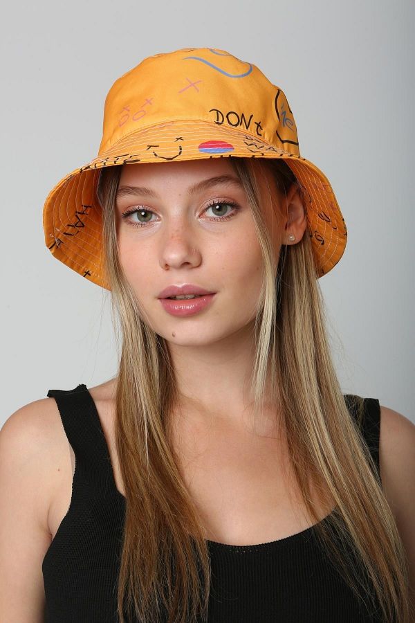 Saria Moda-Yellow Bucket Hat with Print Detail 1