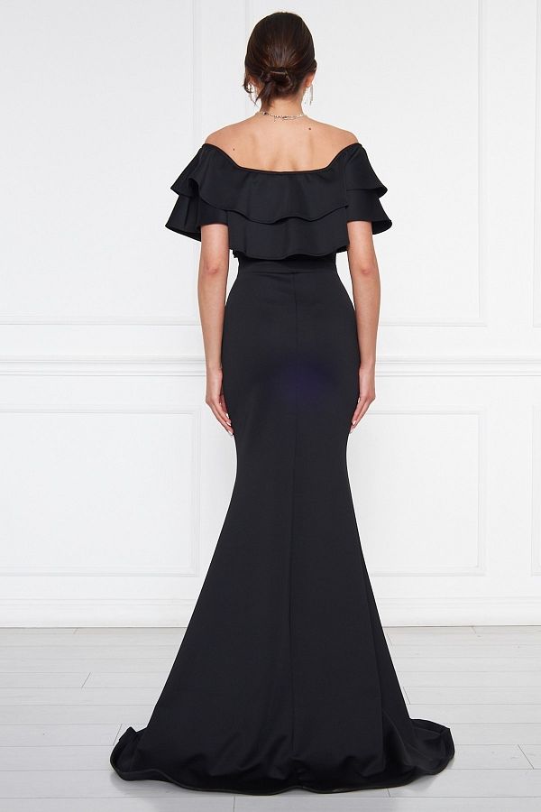 bayansepeti Flexible Scuba Fabric Low Shoulder Slit Detailed Fish Cut Maxi Length Black Evening Dress 164 Trendyol