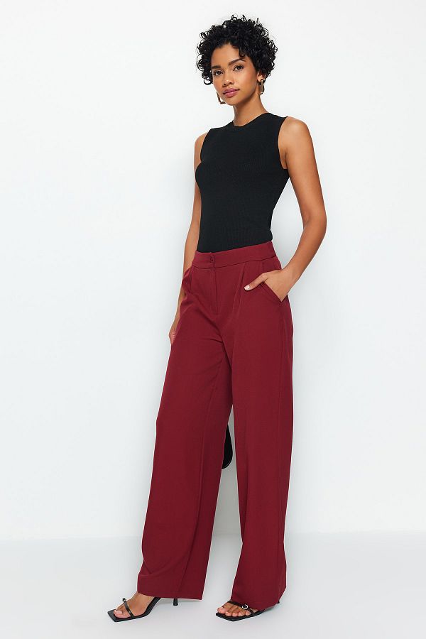 Trendyol Collection-Weinrote gewebte Hose mit weitem Bein – TWOAW22PL0139 1