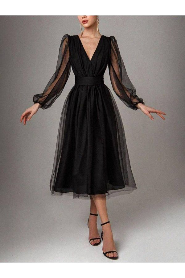 merlavin-Rochie de damă neagră, căptușită din tul (NEGRU) 1
