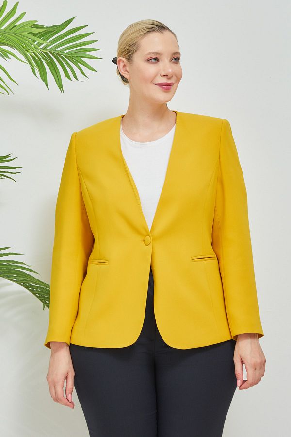 Fagi Women s Plus Size V Neck Single Button Yellow Jacket Trendyol